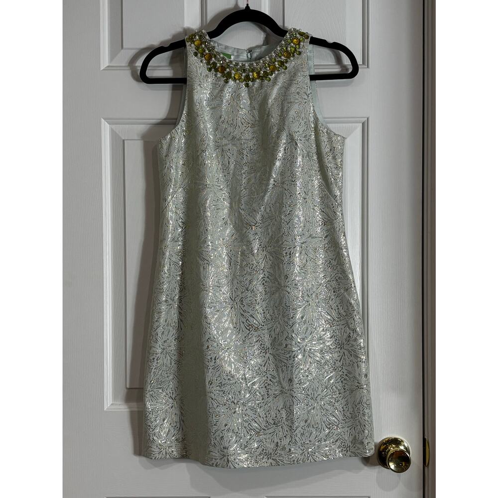 Maggie London Sz 4 Blue Gold Dress Metallic Beaded Dress Easter Spring